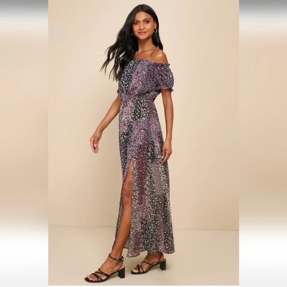 Lulus Neva Navy Blue Floral Print Off-the-Shoulder Maxi Dress Mini-Lined MED NWT - Picture 4 of 11